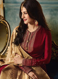 Maroon And Cream Motif Embroidered Ghera Anarkali Suit