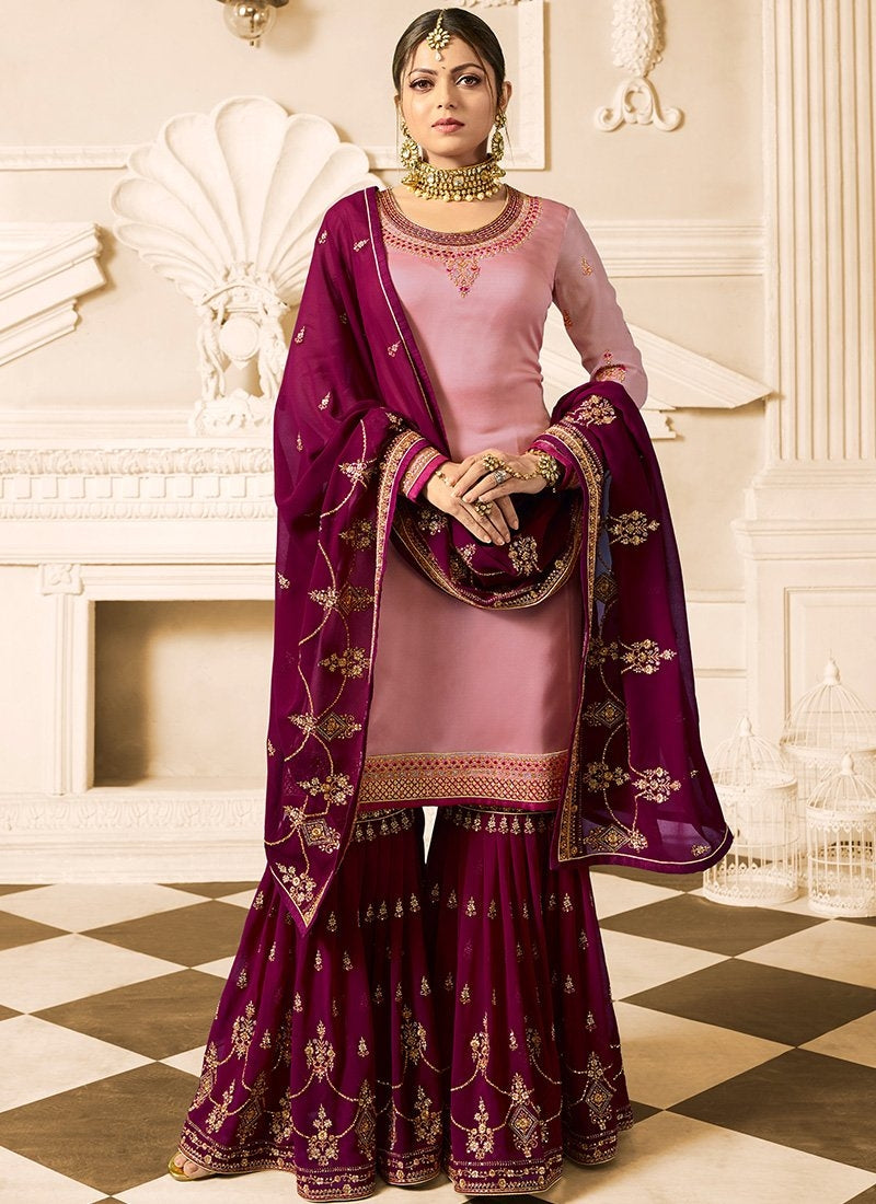 Maroon And Pink Embroidered Designer Gharara Palazzo Suit
