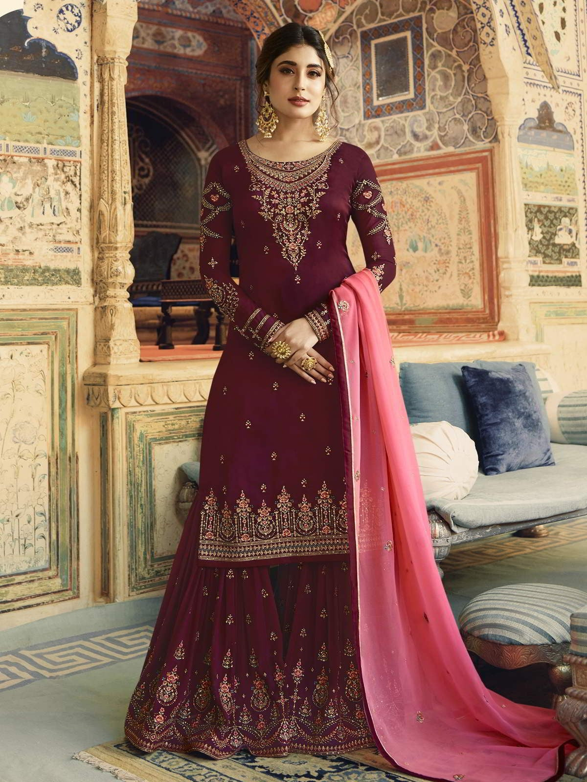 Maroon And Pink Ethnic Embroidered Sharara Suit Hatkay