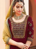 Maroon And Yellow Embroidered Palazzo Suit