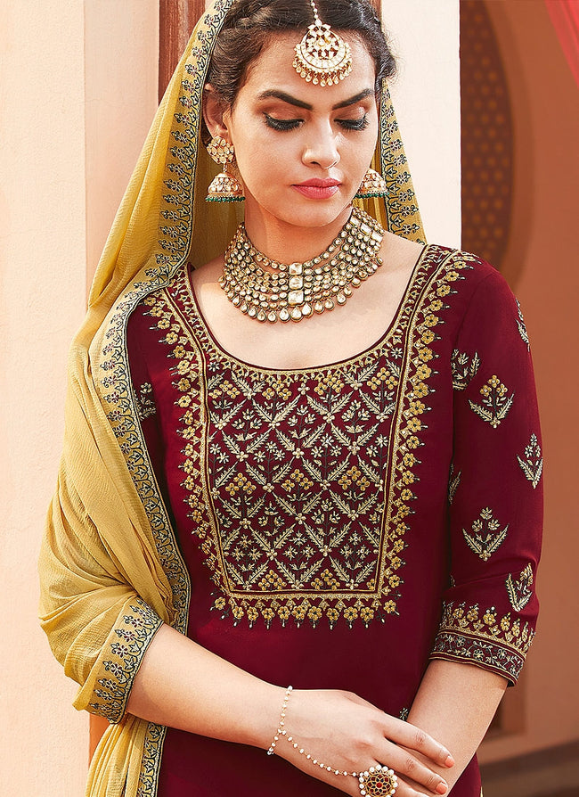 Maroon And Yellow Embroidered Palazzo Suit