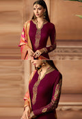 Maroon Contrasting Embroidered Satin Churidar Suit