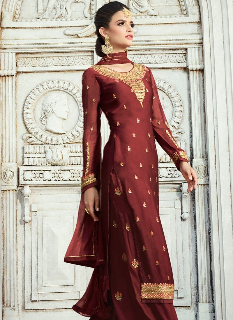 Maroon Embroidered Georgette Palazzo Suit