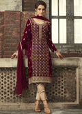 Maroon With Gold Ethnic Embroidered Pant Suit