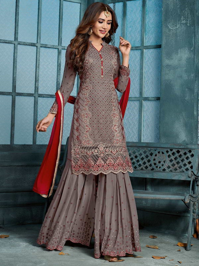 Mauve And Red Embroidered Palazzo Suit