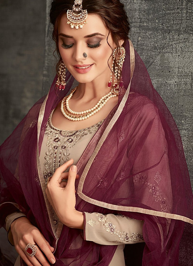 Mauve And Wine Ethnic Embroidered Palazzo Suit