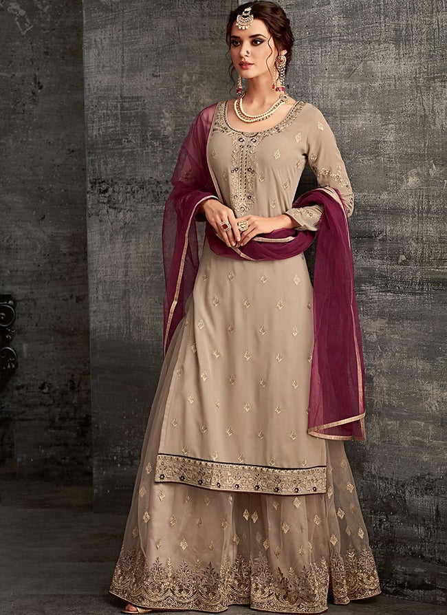 Mauve And Wine Ethnic Embroidered Palazzo Suit