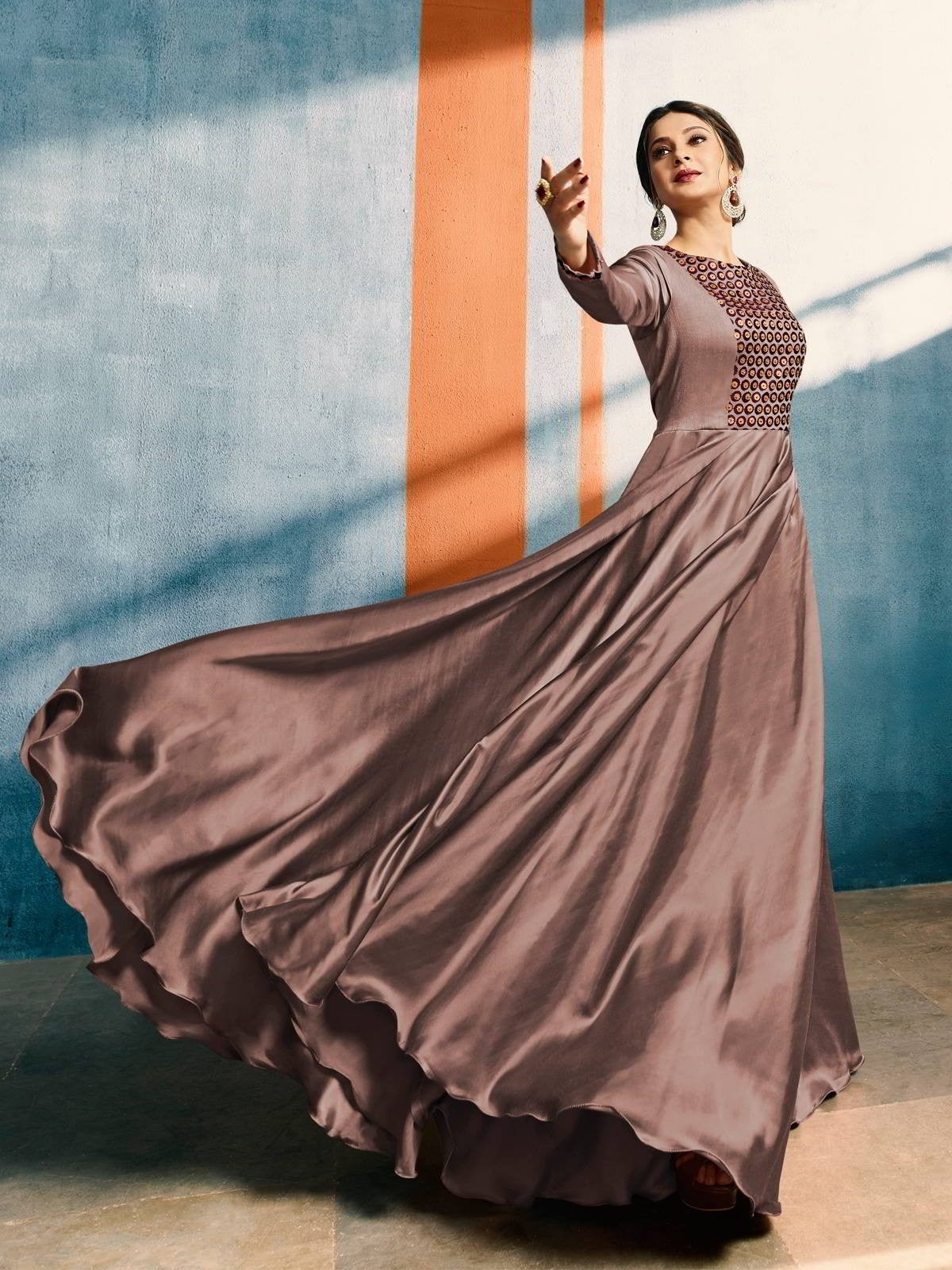 Coffee Brown With Yoke Embroidered Detailed Royal Kaliyaari Anarkali Style Kurti