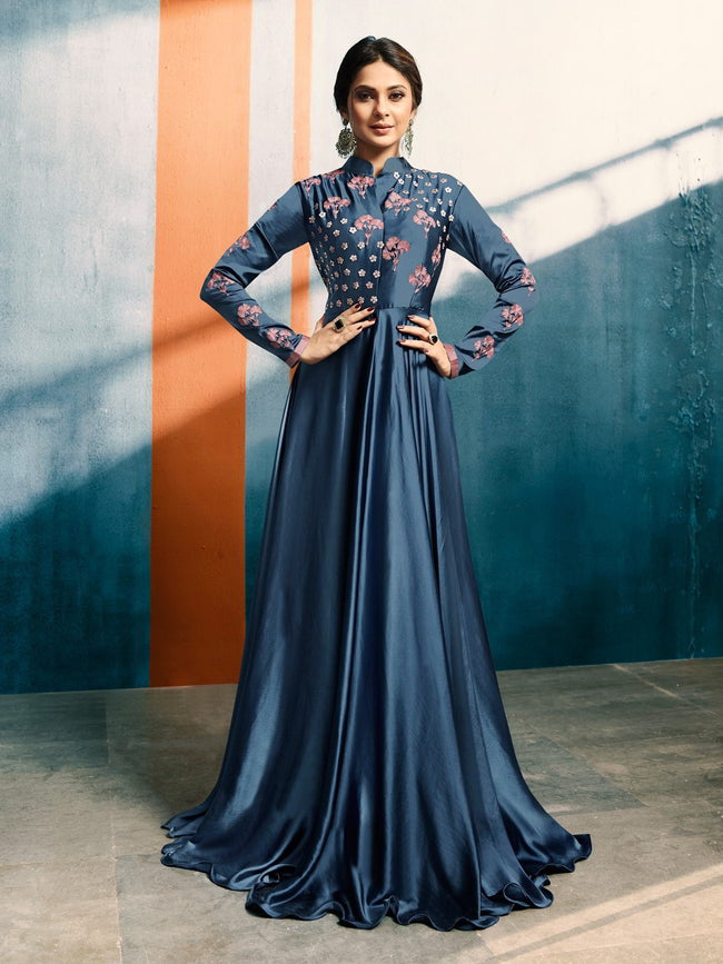 Dawn Blue With Blooming Floral Embroidered With Annotated Detail Designer Royal Anarkali Style Kurti