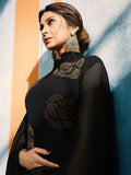 Black All Over With Copper Floral Bunch Embroidered Designer Bell Sleeves Flared Anarkali Style Kurti