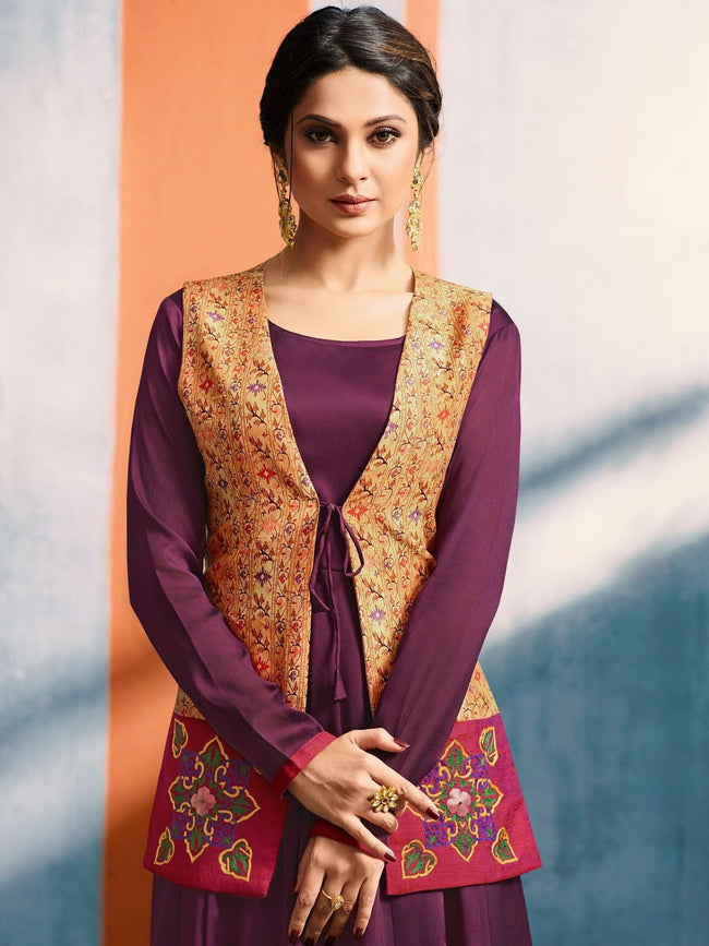 Plum Perfection With Mustard Contrasting Jacket Embroidered Designer Anarkali Style Kurti