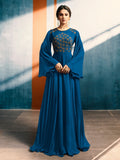 Blue Blossom With Delicate Bunch Embroidered Bell Sleeves Designer Plaited Anarkali Style Kurti