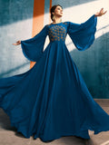 Blue Blossom With Delicate Bunch Embroidered Bell Sleeves Designer Plaited Anarkali Style Kurti