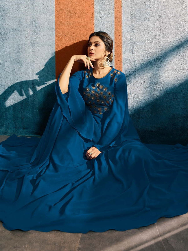 Buy Indian Blue Blossom With Delicate Bunch Embroidered Bell Sleeves Designer Plaited Anarkali Style Kurti for Women Online in USA UK Canada Australia Germany New Zealand and Worldwide at Best Price