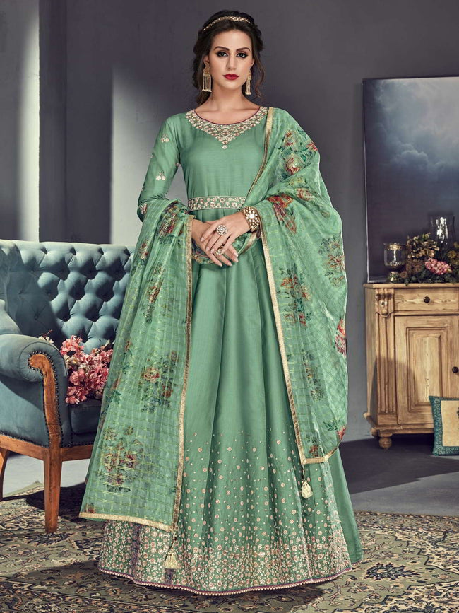 Mint Green Ethnic Embroidered Silk Anarkali Suit
