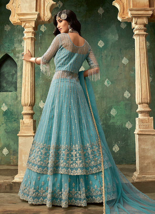 Sky Blue Designer Wedding Lehenga Style Anarkali Suit, Salwar Kameez