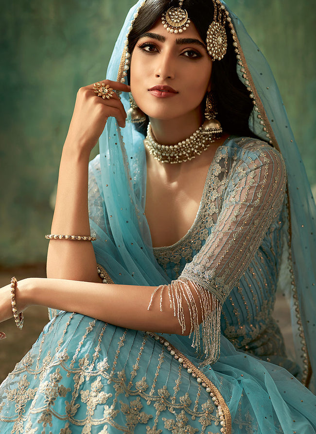 Sky Blue Designer Wedding Lehenga Style Anarkali Suit