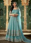 Indian Clothes - Sky Blue Designer Wedding Lehenga Style Anarkali Suit