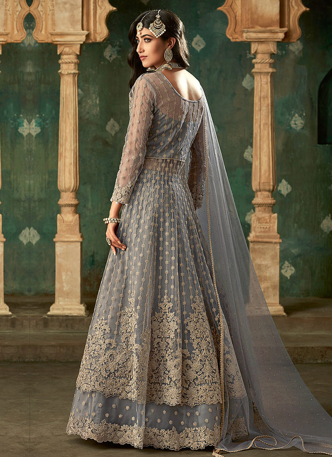 Grey Designer Wedding Lehenga Style Anarkali Suit, Salwar Kameez