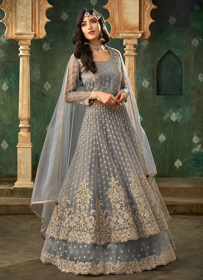 Indian Clothes - Grey Designer Wedding Lehenga Style Anarkali Suit