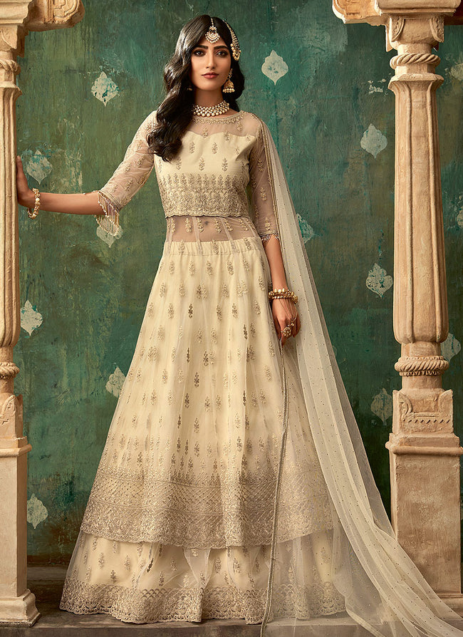 Indian Clothes - Beige Designer Wedding Lehenga Style Anarkali Suit