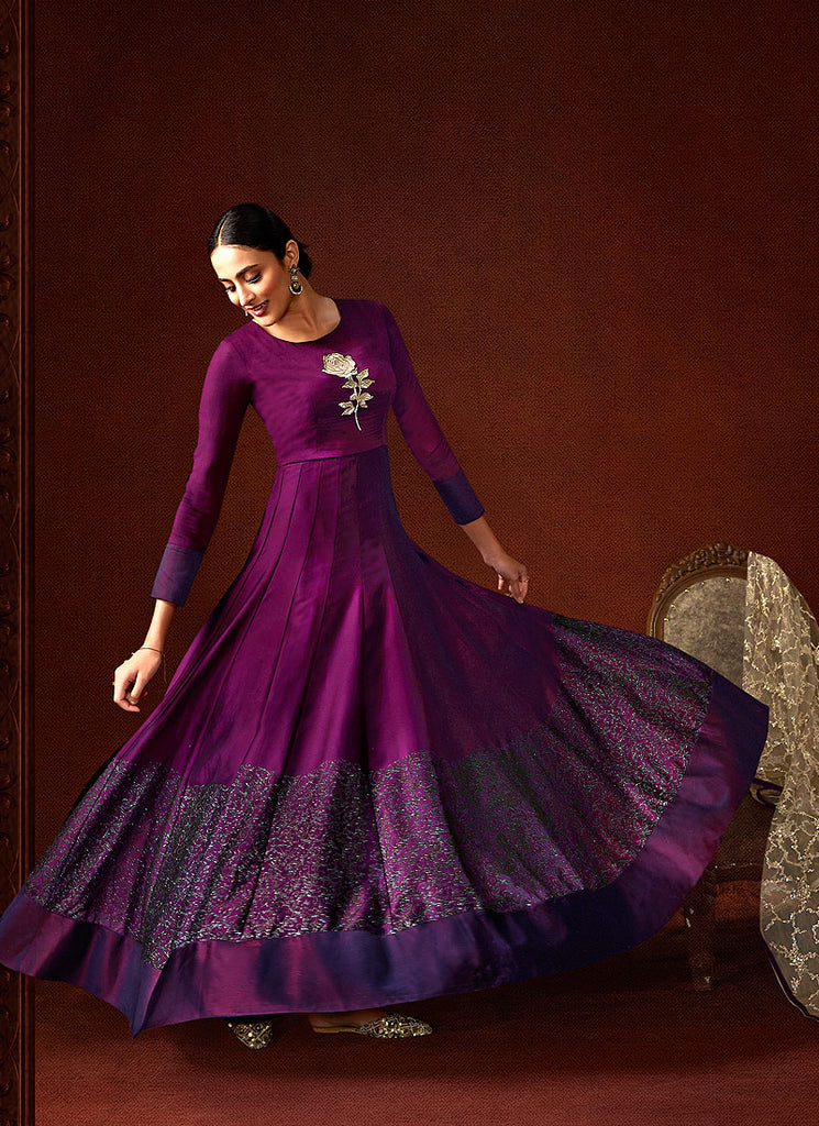 Purple Designer Anarkali Gown Suit, Salwar Kameez