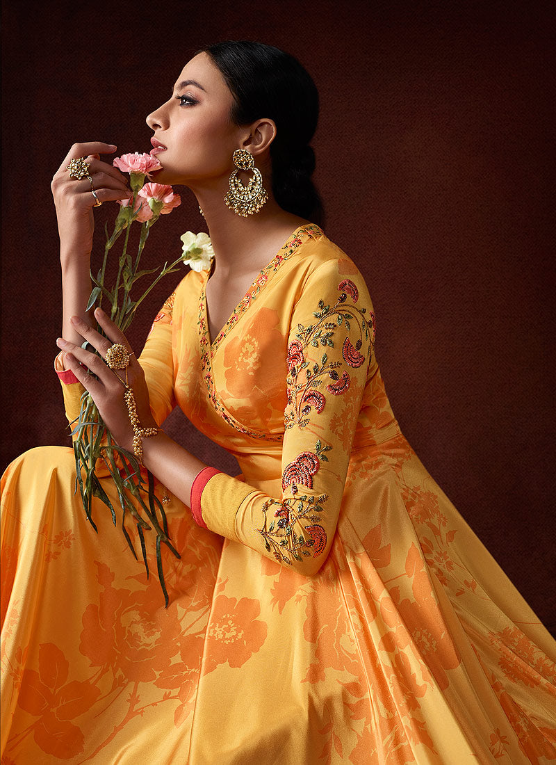 Yellow Designer Anarkali Gown Suit, Salwar kameez