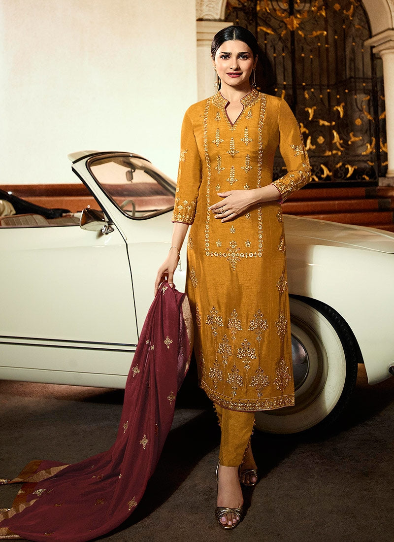 mustard yellow and maroon pakistani pant suit