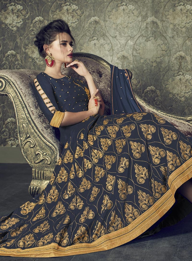 Navy Blue And Golden Embroidered Flared Anarkali Suit
