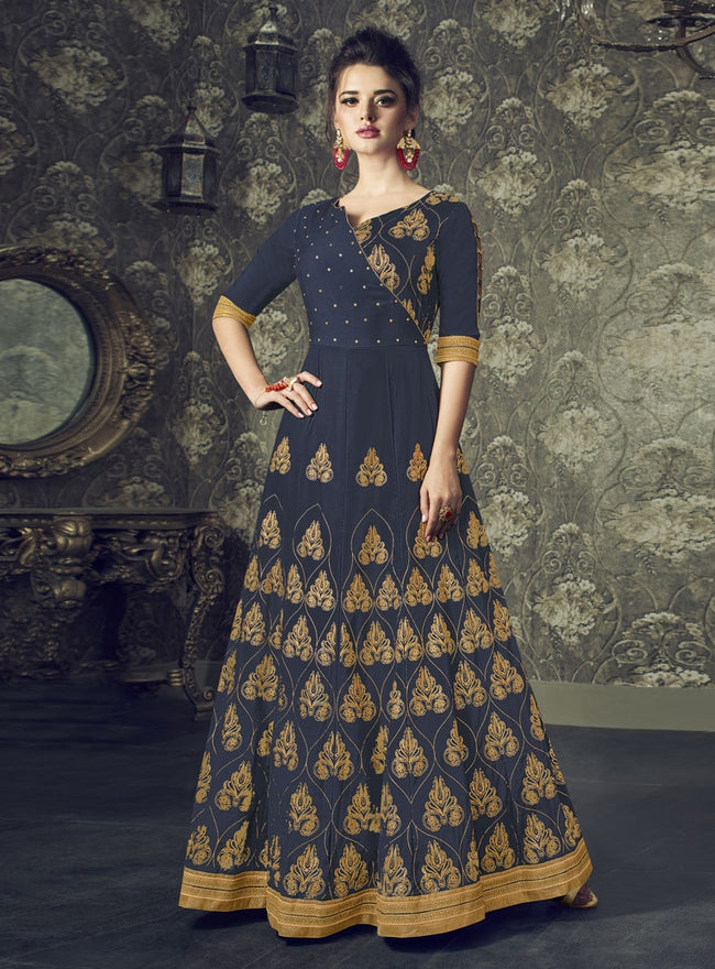 Navy Blue And Golden Embroidered Flared Anarkali Suit