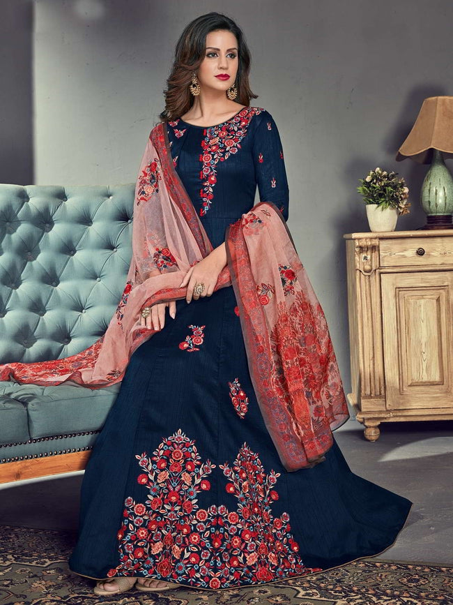 Navy Blue And Pink Embroidered Silk Anarkali Suit