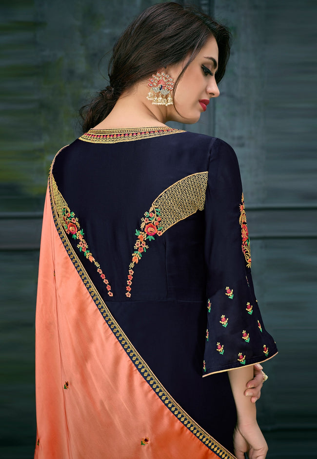 Blue Orange Ethnic Embroidered Anarkali Suit