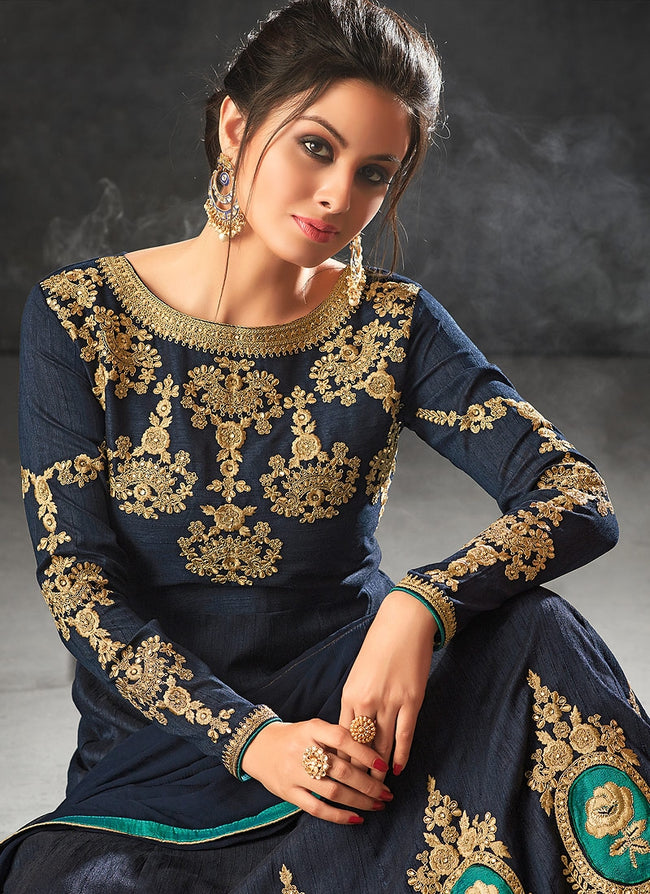 Navy Blue With Minimalist Embroidered Flared Anarkali Suit