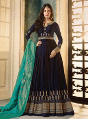 Navy Blue And Turquoise Motif Embroidered Ghera Anarkali Suit