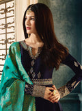 Navy Blue And Turquoise Motif Embroidered Ghera Anarkali Suit