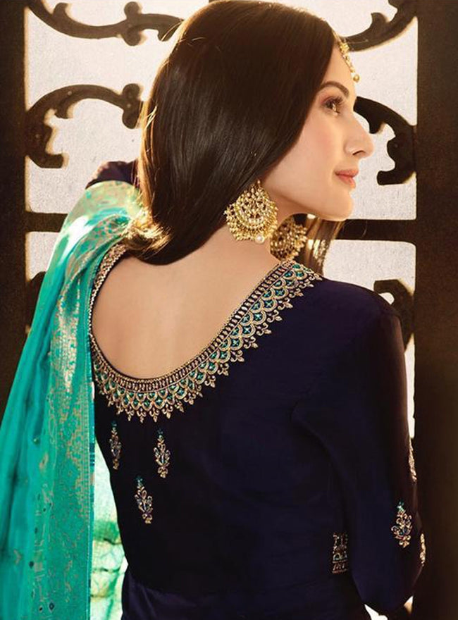 Navy Blue And Turquoise Motif Embroidered Ghera Anarkali Suit