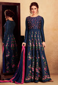 Navy Blue Floral Embroidered Silk Anarkali Suit