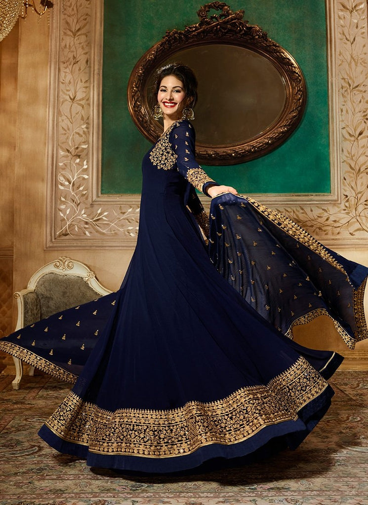 Navy Blue Delicately Embroidered Kalidar Anarkali Suit