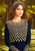 Navy Blue Golden Embroidered Georgette Anarkali Suit