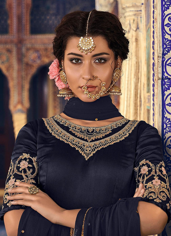 Navy Blue Embellished Gharara Palazzo Suit