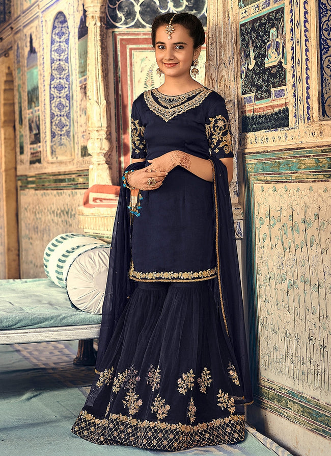 Navy Blue Embellished Gharara Palazzo Suit