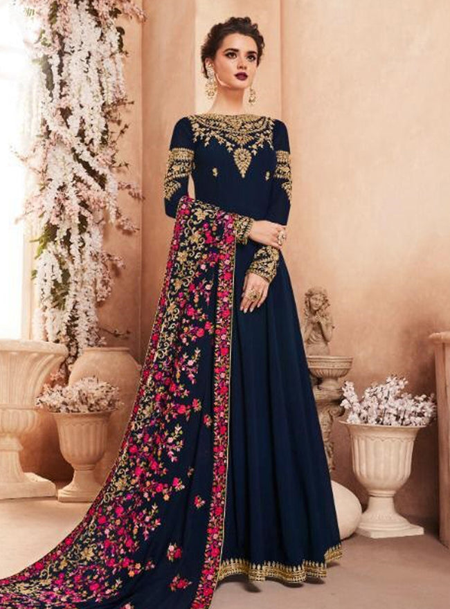 Navy Blue Golden Multi Embroidered Flared Anarkali Suit Hatkay
