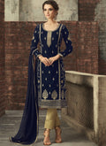 Navy Blue With Gold Ethnic Embroidered Pant Suit
