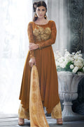 Brown Embroidered Anarkali Pant Suit