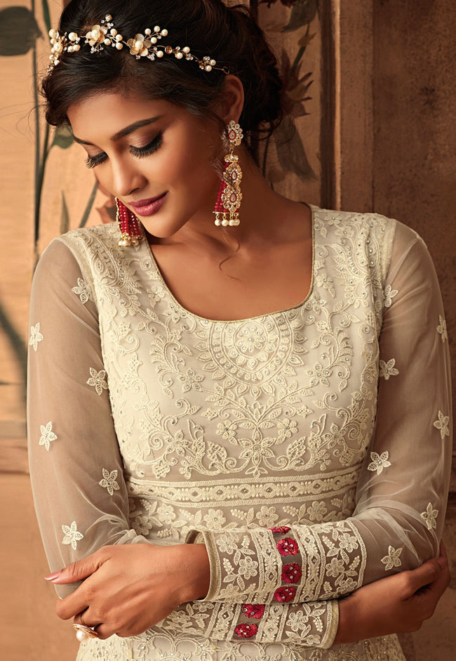 Off White Ethnic Embroidered Net Anarkali Suit