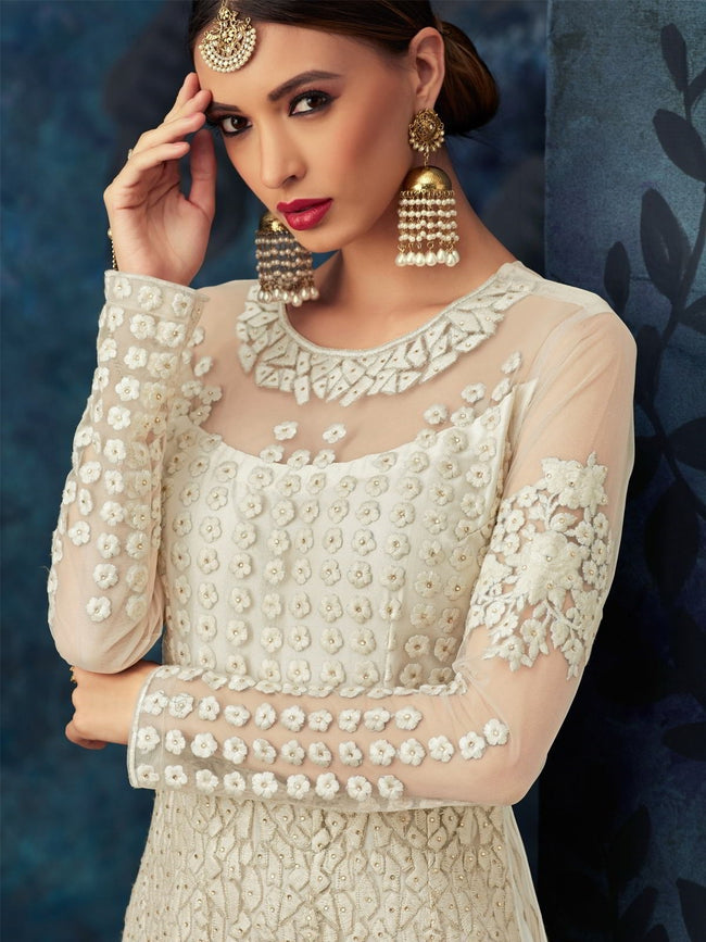 Off White Overall Embroidered Net Anarkali Suit