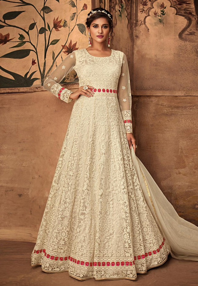 Off White Ethnic Embroidered Net Anarkali Suit