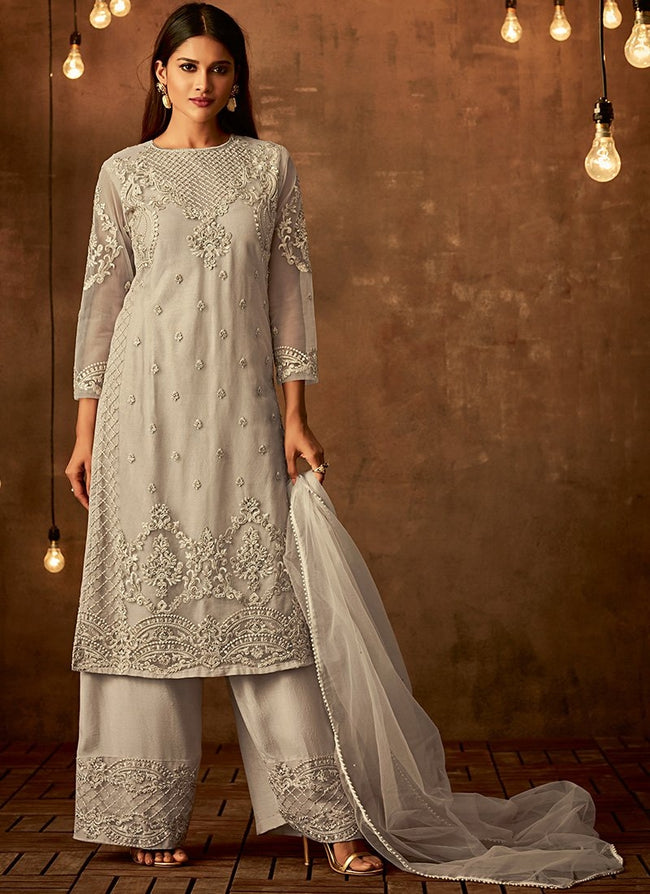 Off White Traditional Embroidered Palazzo Pant Suit Hatkay