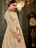 Off White Floral Embroidered Flared Anarkali Suit