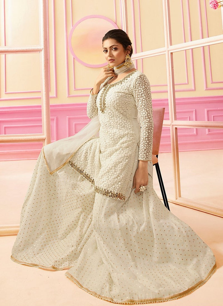 Off White With Golden Embroidered Detail Ethnic Kurti And Palazzo Suit